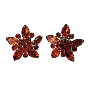 Vintage Orange Rhinestone Judy Lee Flower Earrings Clip On Signed